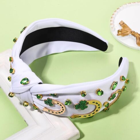 boderier St.patricks Day Headband Green Top Hat Shamrock Headband Jeweled Crystal Knotted Headband Holiday Party Accessories (Beaded Shamrock2) in Saudi Arabia