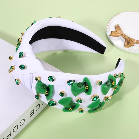 boderier St.patricks Day Headband Green Top Hat Shamrock Headband Jeweled Crystal Knotted Headband Holiday Party Accessories (Beaded Shamrock2) in Saudi Arabia