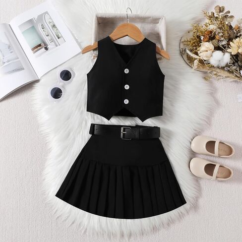 Kids Girls Summer 2 Piece Outfits Solid Color Sleeveless Button Vest Tank Tops+Pleated Skirt with Belt Clothes Set in Saudi Arabia