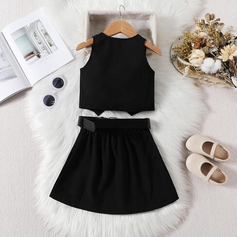 Kids Girls Summer 2 Piece Outfits Solid Color Sleeveless Button Vest Tank Tops+Pleated Skirt with Belt Clothes Set in Saudi Arabia