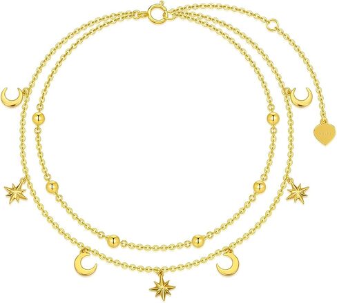 SISGEM 14K/10K Yellow Gold Star Moon Anklet for Women,Real Gold Beads Station Anklet Bracelet Tassel Double Foot Link Beach Anklets Fine Jewelry Birthday Gifts for Her 8"+2" in Saudi Arabia