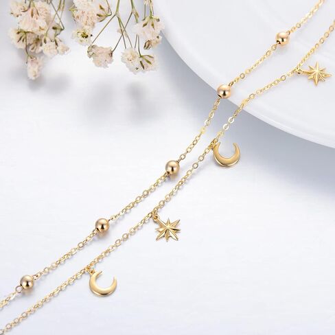 SISGEM 14K/10K Yellow Gold Star Moon Anklet for Women,Real Gold Beads Station Anklet Bracelet Tassel Double Foot Link Beach Anklets Fine Jewelry Birthday Gifts for Her 8"+2" in Saudi Arabia