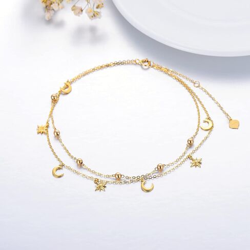 SISGEM 14K/10K Yellow Gold Star Moon Anklet for Women,Real Gold Beads Station Anklet Bracelet Tassel Double Foot Link Beach Anklets Fine Jewelry Birthday Gifts for Her 8"+2" in Saudi Arabia