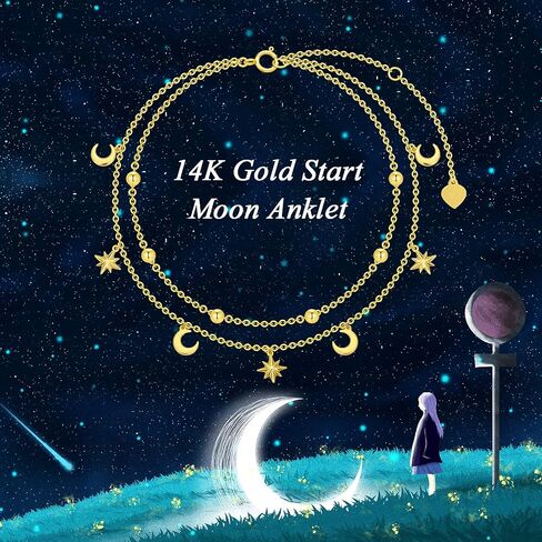 SISGEM 14K/10K Yellow Gold Star Moon Anklet for Women,Real Gold Beads Station Anklet Bracelet Tassel Double Foot Link Beach Anklets Fine Jewelry Birthday Gifts for Her 8"+2" in Saudi Arabia