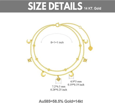 SISGEM 14K/10K Yellow Gold Star Moon Anklet for Women,Real Gold Beads Station Anklet Bracelet Tassel Double Foot Link Beach Anklets Fine Jewelry Birthday Gifts for Her 8"+2" in Saudi Arabia