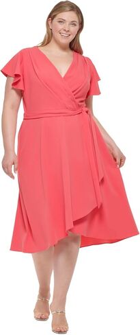 DKNY Plus Size Short Sleeve Ruffled Faux Wrap Dress Punch 18W in Saudi Arabia