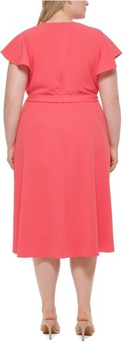 DKNY Plus Size Short Sleeve Ruffled Faux Wrap Dress Punch 18W in Saudi Arabia