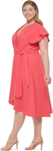 DKNY Plus Size Short Sleeve Ruffled Faux Wrap Dress Punch 18W in Saudi Arabia