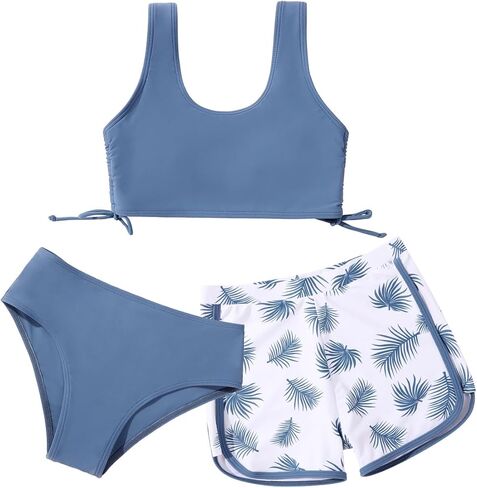 Girl's 3 Piece Bikini Bathing Suit Printed Sport Swimsuits with Shorts Cove Up Sets Teen Girl's Swimwear in Saudi Arabia