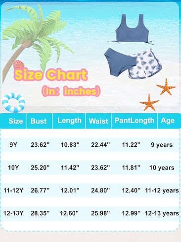 Girl's 3 Piece Bikini Bathing Suit Printed Sport Swimsuits with Shorts Cove Up Sets Teen Girl's Swimwear in Saudi Arabia