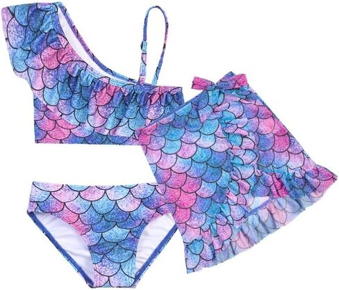 ملابس سباحة بكيني مكونة من 3 قطع للفتيات مكشكشة بكتف واحد من CHILDRENSTAR مع تنورة شبكية in Kuwait
