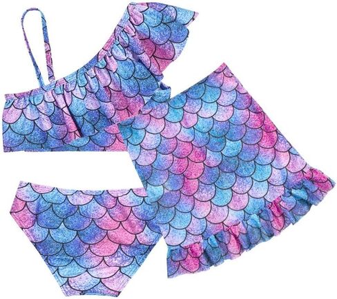 ملابس سباحة بكيني مكونة من 3 قطع للفتيات مكشكشة بكتف واحد من CHILDRENSTAR مع تنورة شبكية in Kuwait