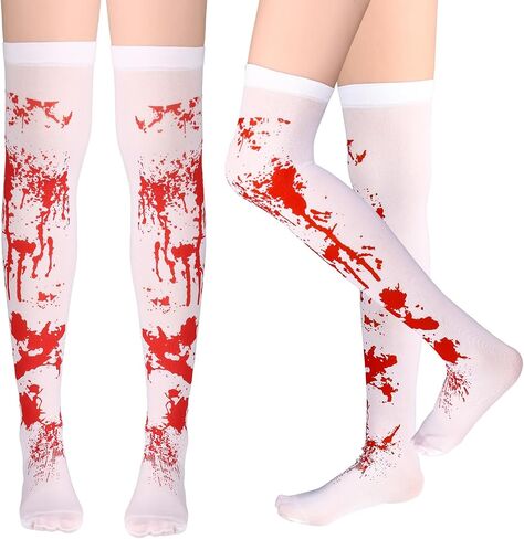 Halloween Bloody Stockings Cosplay High Socks White and Red Blood Stained Costume Hosiery Horror Over Knee Thigh Long Stockings for Women Girls Halloween Party Cosplay in Saudi Arabia