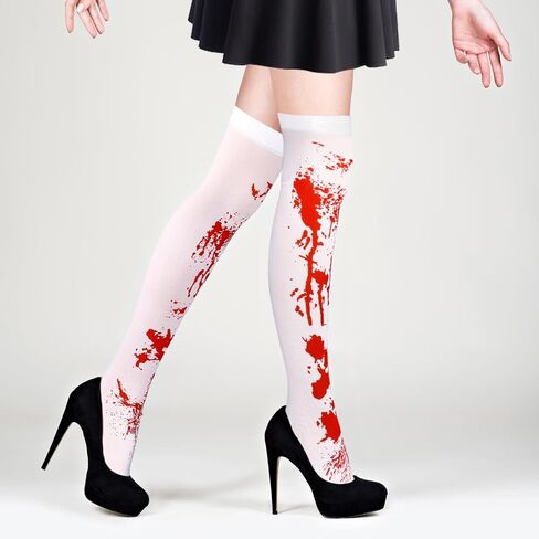 Halloween Bloody Stockings Cosplay High Socks White and Red Blood Stained Costume Hosiery Horror Over Knee Thigh Long Stockings for Women Girls Halloween Party Cosplay in Saudi Arabia