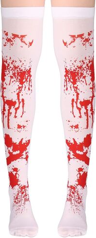 Halloween Bloody Stockings Cosplay High Socks White and Red Blood Stained Costume Hosiery Horror Over Knee Thigh Long Stockings for Women Girls Halloween Party Cosplay in Saudi Arabia