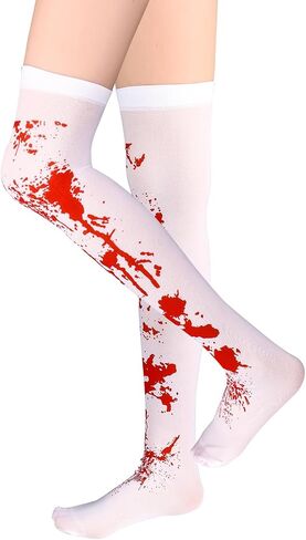 Halloween Bloody Stockings Cosplay High Socks White and Red Blood Stained Costume Hosiery Horror Over Knee Thigh Long Stockings for Women Girls Halloween Party Cosplay in Saudi Arabia