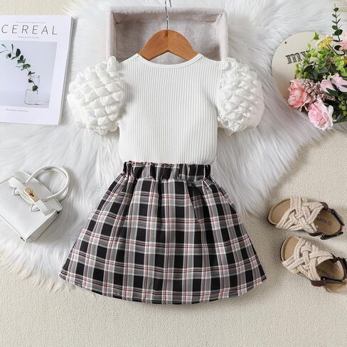 AMMENGBEI طفل صغير فتاة ملابس الصيف نفخة قصيرة الأكمام بلايز منقوشة تنورة Skort مجموعة الاطفال 2 قطعة ملابس الموضة in Kuwait