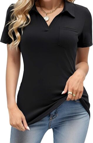 Womens Pole Shirts Quick Dry V Neck Casual Tops with Pocket Short Sleeve Collared Shirt in Saudi Arabia