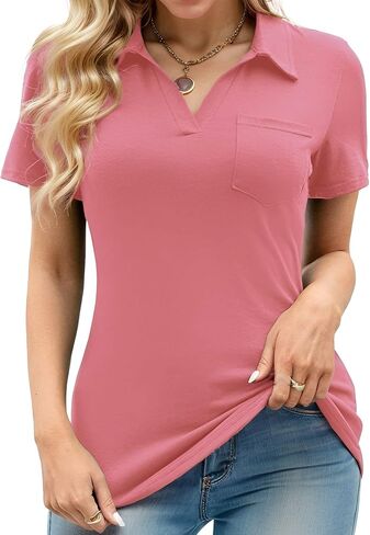 Womens Pole Shirts Quick Dry V Neck Casual Tops with Pocket Short Sleeve Collared Shirt in Saudi Arabia
