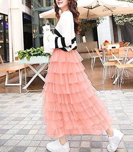 TONCHENGSD Women's Elastic Waist Tiered Layered Mesh Ballet Tulle Tutu Long Tiered Skirts in Saudi Arabia