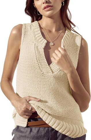 Saodimallsu Womens V Neck Sleeveless Tank Tops Knit Lightweight Cool Sweater Vest Side Split Casual Tunic Cami Shirts in Kuwait