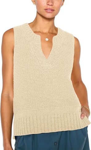 Saodimallsu Womens V Neck Sleeveless Tank Tops Knit Lightweight Cool Sweater Vest Side Split Casual Tunic Cami Shirts in Kuwait