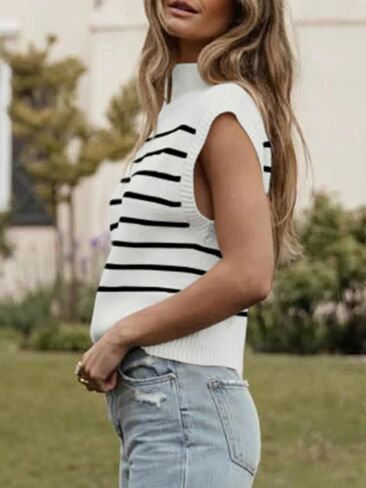 Langwyqu Womens 2024 Summer Sleeveless Sweater Vest Mock Neck Striped Cap Sleeve Ribbed Pullover Tank Tops in Saudi Arabia