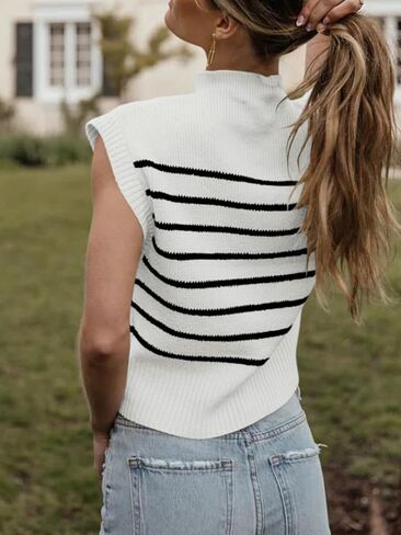 Langwyqu Womens 2024 Summer Sleeveless Sweater Vest Mock Neck Striped Cap Sleeve Ribbed Pullover Tank Tops in Saudi Arabia