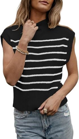 Langwyqu المرأة 2024 الصيف سترة دون أكمام سترة وهمية الرقبة مخطط كم كاب مضلع البلوز تانك القمم in Kuwait