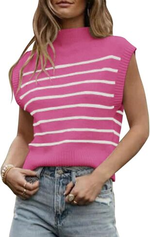 Langwyqu Womens 2024 Summer Sleeveless Sweater Vest Mock Neck Striped Cap Sleeve Ribbed Pullover Tank Tops in Saudi Arabia