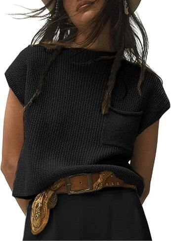 سترة نسائية من Meihuida بدون أكمام منسوجة وأكمام فضفاضة ورقبة وهمية مع جيب أمامي in Kuwait