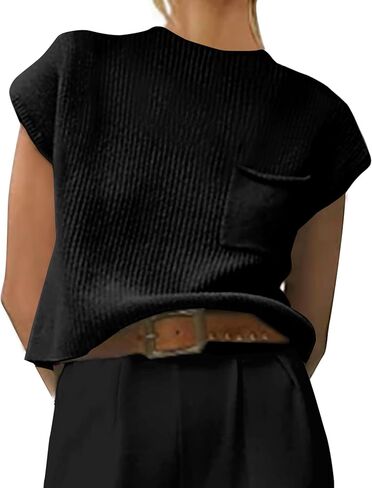 سترة نسائية من Meihuida بدون أكمام منسوجة وأكمام فضفاضة ورقبة وهمية مع جيب أمامي in Kuwait