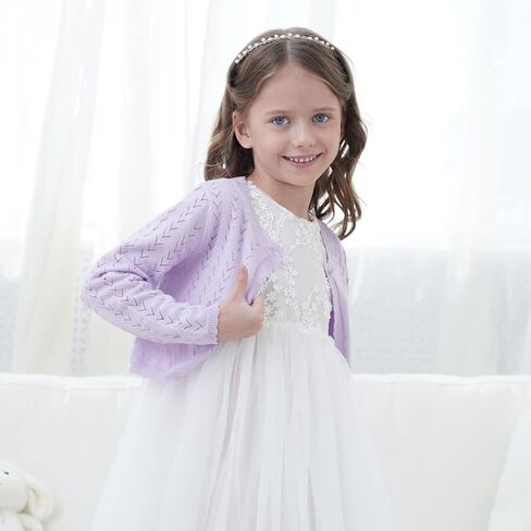 Girls Open Front Crochet Knit Bolero Shrug Kids Long Sleeve Button Down Cropped Cardigan Sweater Cute Warm Knitwear for Dress in Saudi Arabia