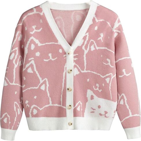 WDIRARA Girl's Cartoon Cat Pattern V Neck Button Front Long Sleeve Cardigan Sweater in Saudi Arabia
