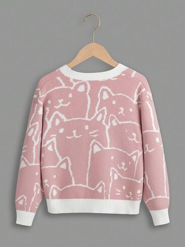 WDIRARA Girl's Cartoon Cat Pattern V Neck Button Front Long Sleeve Cardigan Sweater in Saudi Arabia