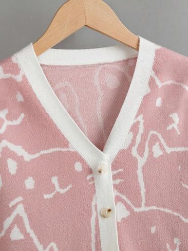 WDIRARA Girl's Cartoon Cat Pattern V Neck Button Front Long Sleeve Cardigan Sweater in Saudi Arabia