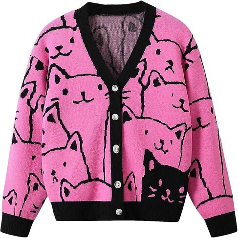 WDIRARA Girl's Cartoon Cat Pattern V Neck Button Front Long Sleeve Cardigan Sweater in Saudi Arabia