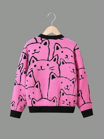 WDIRARA Girl's Cartoon Cat Pattern V Neck Button Front Long Sleeve Cardigan Sweater in Saudi Arabia
