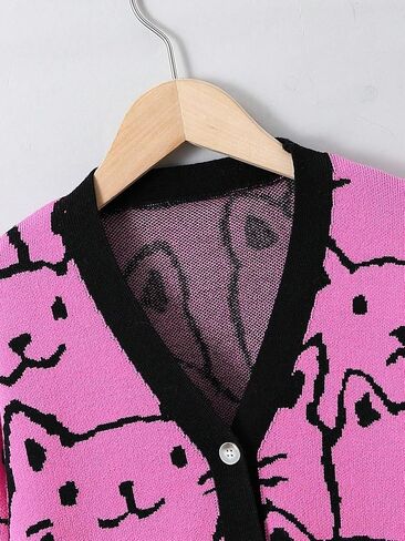 WDIRARA Girl's Cartoon Cat Pattern V Neck Button Front Long Sleeve Cardigan Sweater in Saudi Arabia