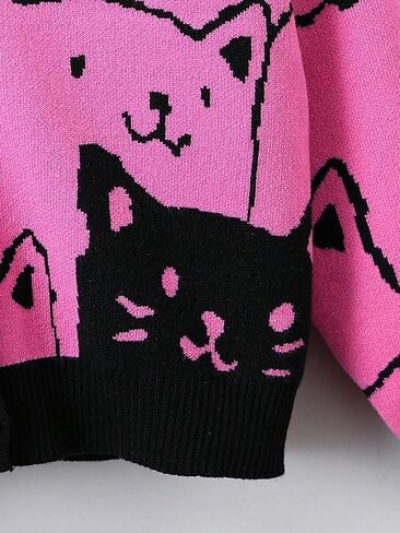 WDIRARA Girl's Cartoon Cat Pattern V Neck Button Front Long Sleeve Cardigan Sweater in Saudi Arabia