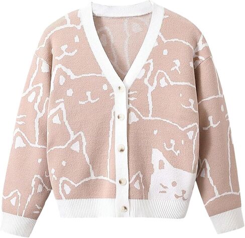 WDIRARA Girl's Cartoon Cat Pattern V Neck Button Front Long Sleeve Cardigan Sweater in Saudi Arabia