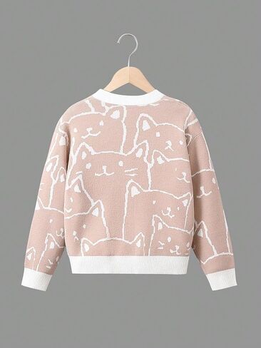 WDIRARA Girl's Cartoon Cat Pattern V Neck Button Front Long Sleeve Cardigan Sweater in Saudi Arabia