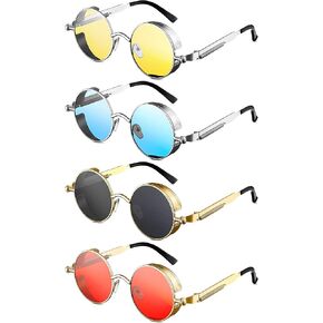 Weewooday 4 Pieces Retro Round Steampunk Sunglasses Vintage Hippie Style Circle Lens Metal Frame Eyewear for Men Women