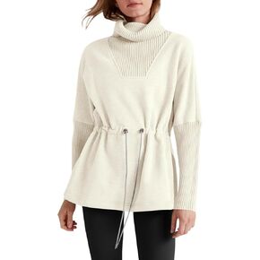 Fisoew Women's Turtleneck Sweatshirts Fleece Drawstring Waist Casual Long Sleeve Pullover Side Slit Tunic Tops