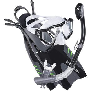 U.S. Divers Lux Adult Snorkel Set - 4-Window Panoramic View Mask, Dry Top Snorkel Technology, Vented Blades Fin Design | Unisex Adult, Large/X-Large (Men 9-13, Women 10-14), Dark Gray/Blue