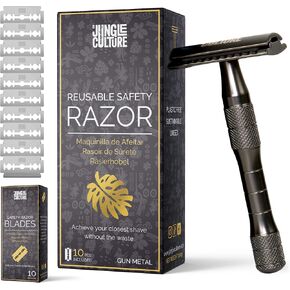 Jungle Culture Safety Razor with 10 Double Edge Blades • Single Blade Metal Razors for Women & Men for Body & Face • Eco Friendly & Reusable Shaver • Blue