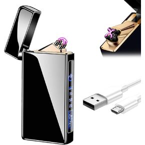 Electric Lighter USB Rechargeable Dual Arc Lighter with Smart Touch Screen Windproof Plasma Lighter for Candle Cool Lighter with LED Battery Indicator Premium Gift for Men Women (Black+Cyan)