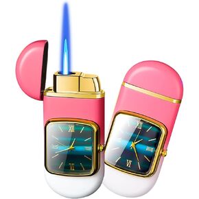 Torch Lighter, Luxurious Jet Flame Butane Lighter with Oval Quartz Watch, Adjustable Windproof Flame Gas Lighter, Cool Refillable Butane Lighter for Gifts Outdoor Indoor (Without Butane)-Ice Silver
