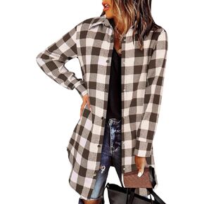 Zeagoo Flannel for Women 2023 Fall Fashion Long Sleeve Plaid Button Down Shirts Shacket Blouse Top with Pockets