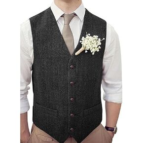 Onlylover Men's Wool Herringbone Groom Vests Formal Groom's Wear Suit Tweed Vest Skinny Wedding Dress Waistcoat